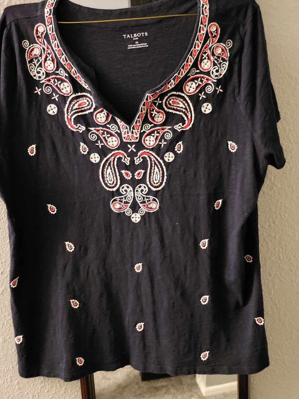 Talbots Black Short Sleeve V-Neck Top with Red & White Paisley Embroidery